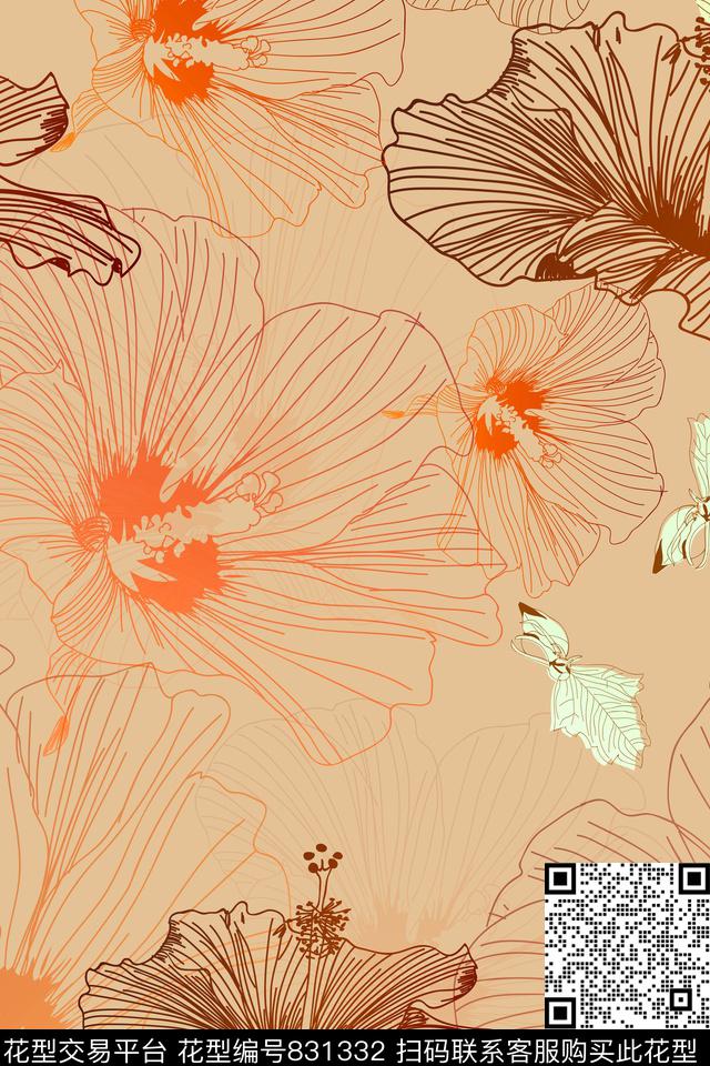 大花花朵花卉传统印花华亿平台下载（图片编号: 831332） - 瓦栏（Walan）