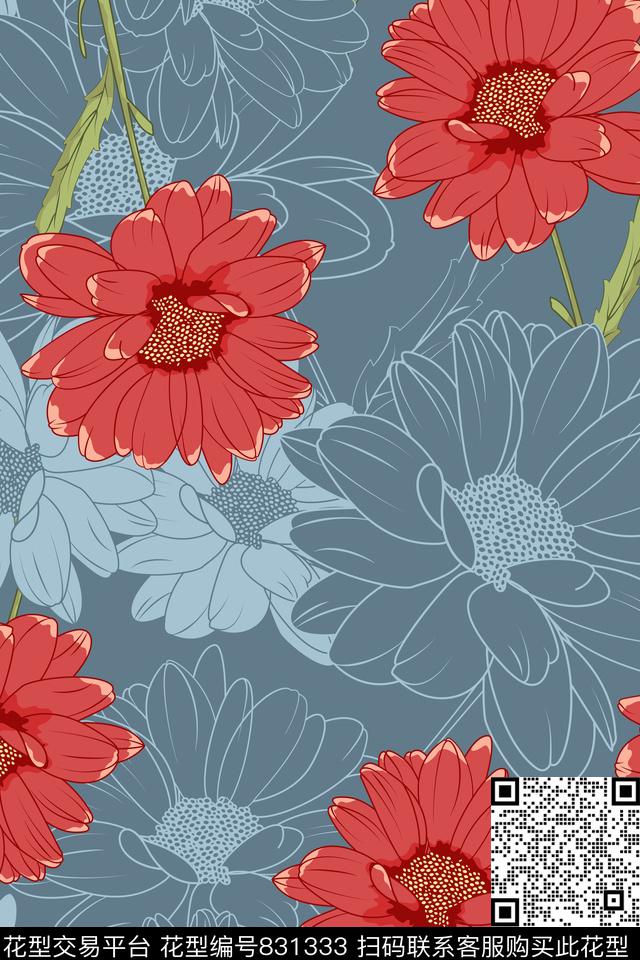 大花花朵花卉传统印花华亿平台下载（图片编号: 831333） - 瓦栏（Walan）