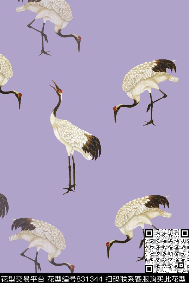 鸟紫底白鹤数码印花华亿平台下载（图片编号: 831344） - 瓦栏（Walan）