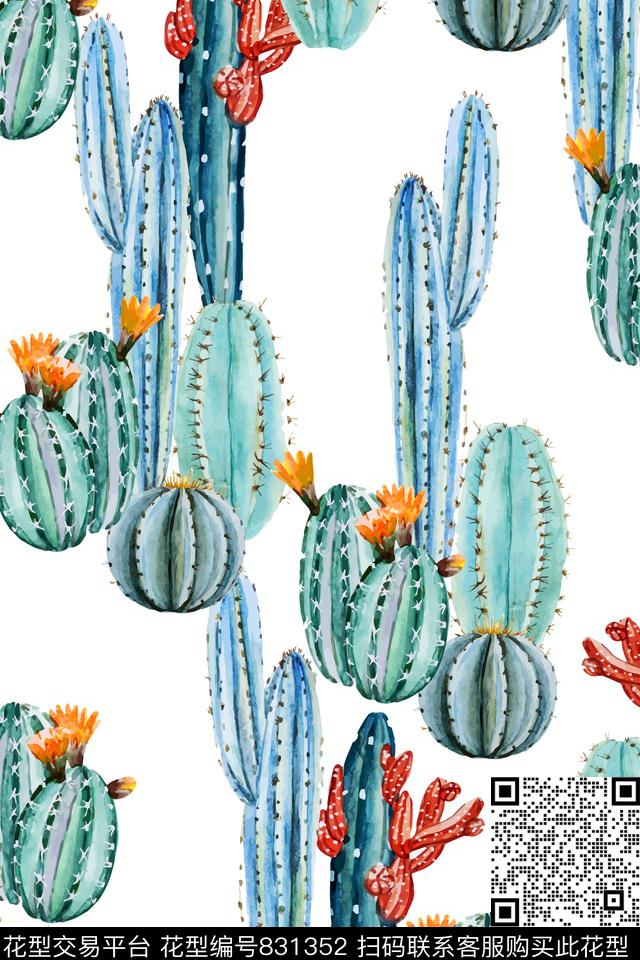 夏日时尚清爽手绘仙人掌数码印花华亿平台下载（图片编号: 831352） - 瓦栏（Walan）