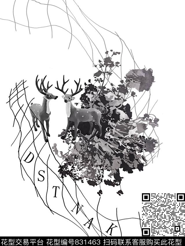 抽象花卉鹿男装T恤华亿平台数码印花华亿平台下载（图片编号: 831463） - 瓦栏（Walan）
