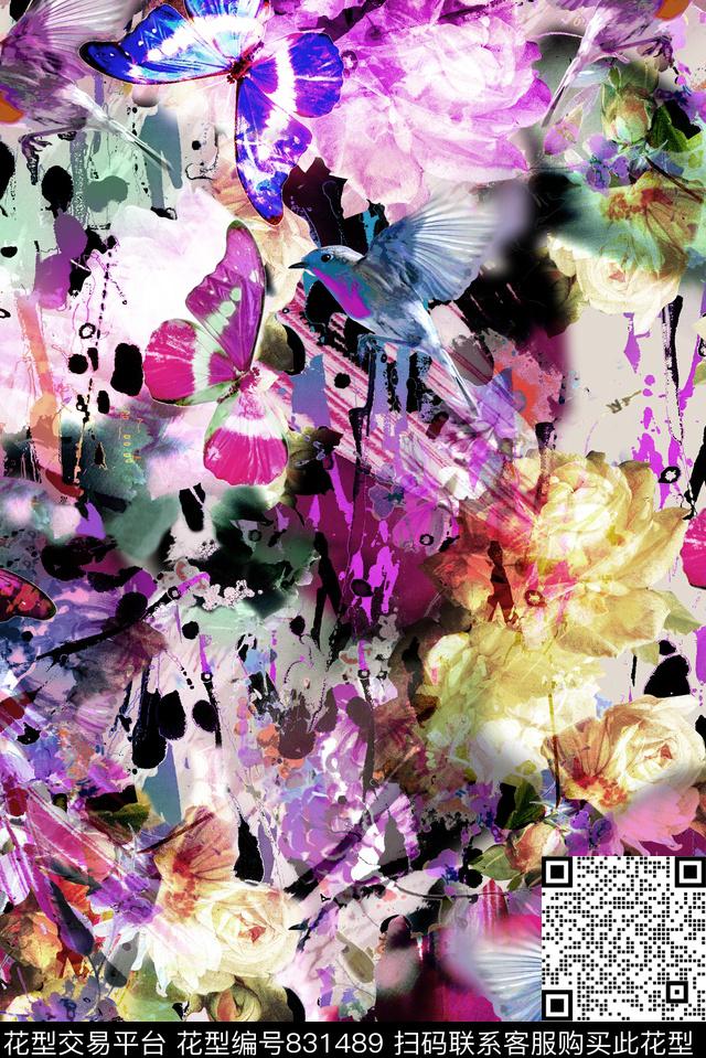 泼墨油墨花朵数码印花华亿平台下载（图片编号: 831489） - 瓦栏（Walan）