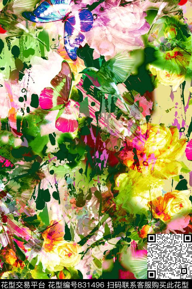 泼墨油墨花朵数码印花华亿平台下载（图片编号: 831496） - 瓦栏（Walan）