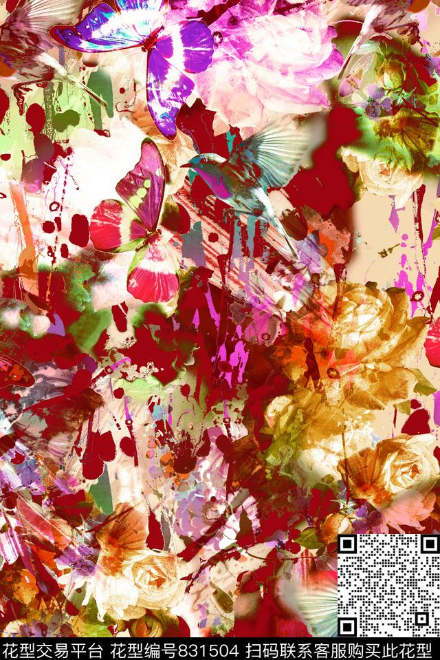 泼墨油墨花朵数码印花华亿平台下载（图片编号: 831504） - 瓦栏（Walan）