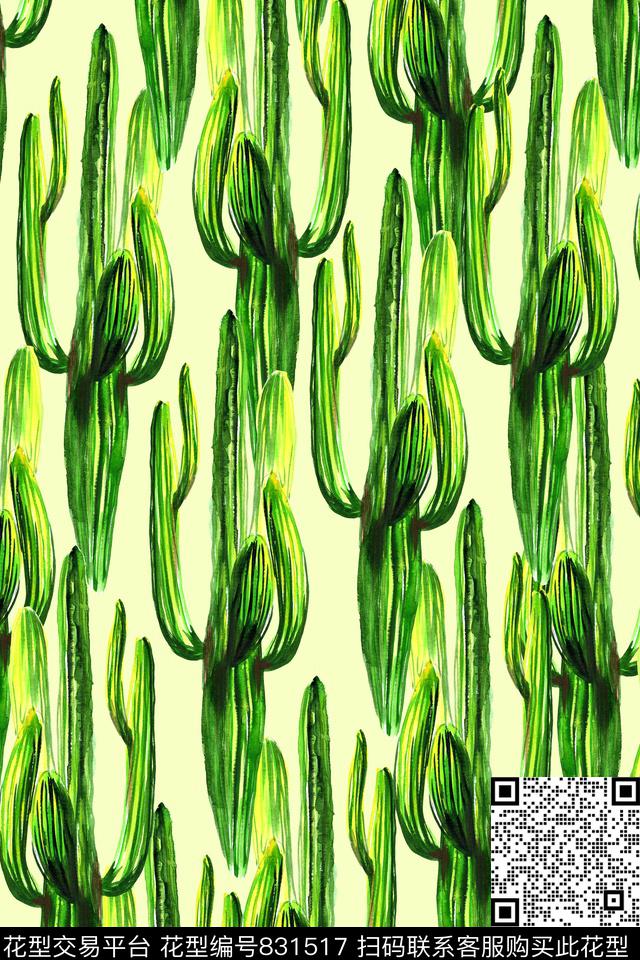 活力清新夏日时尚手绘仙人掌数码印花华亿平台下载（图片编号: 831517） - 瓦栏（Walan）