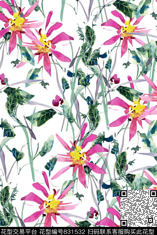 水彩花卉清爽花卉时尚女装花数码印花华亿平台下载（图片编号: 831532） - 瓦栏（Walan）