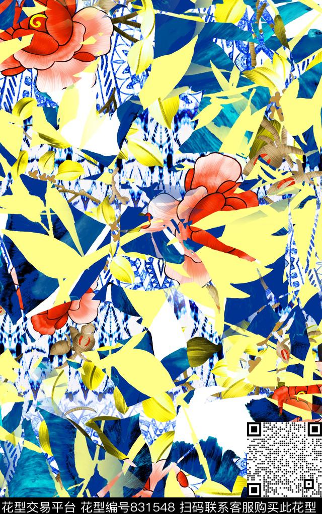 花朵剪影色块数码印花华亿平台下载（图片编号: 831548） - 瓦栏（Walan）