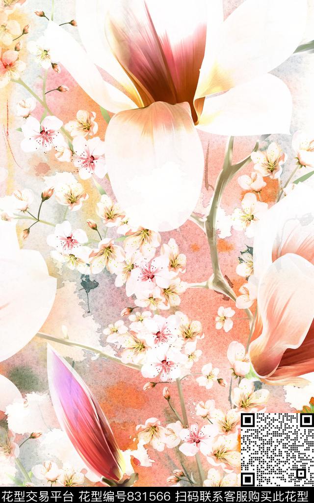 斑驳水彩花朵水彩数码印花华亿平台下载（图片编号: 831566） - 瓦栏（Walan）