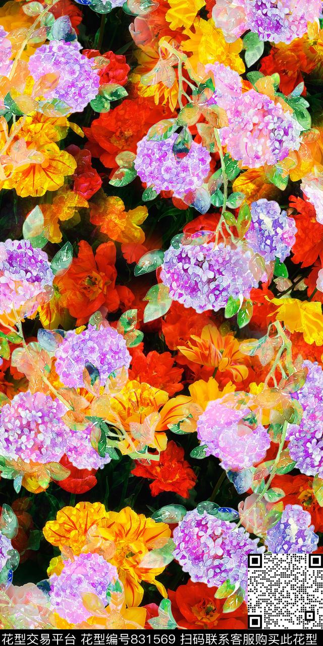 绣球花花卉满版散花数码印花华亿平台下载（图片编号: 831569） - 瓦栏（Walan）