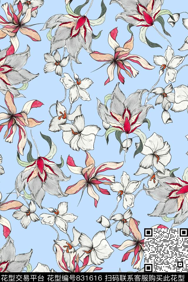 日韩清新淡雅手绘花卉数码印花华亿平台下载（图片编号: 831616） - 瓦栏（Walan）