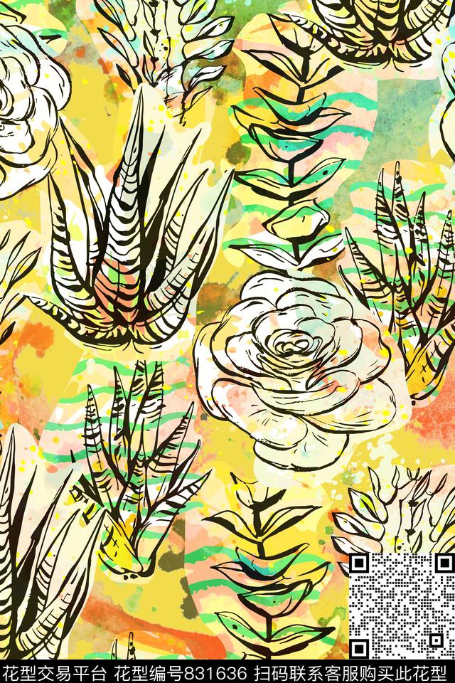 缤纷夏日水彩底手绘花卉数码印花华亿平台下载（图片编号: 831636） - 瓦栏（Walan）