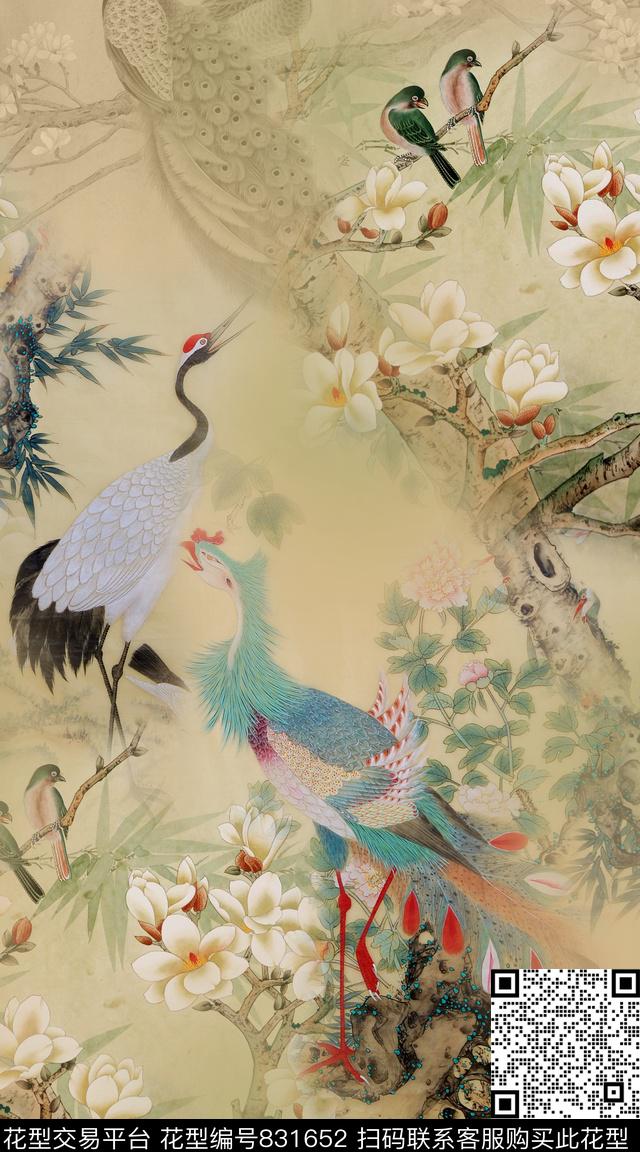 中国风丹顶鹤花卉数码印花华亿平台下载（图片编号: 831652） - 瓦栏（Walan）