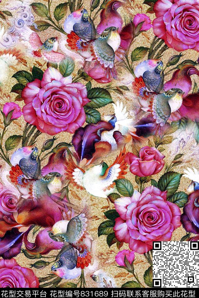 时尚手绘花卉数码印花华亿平台下载（图片编号: 831689） - 瓦栏（Walan）
