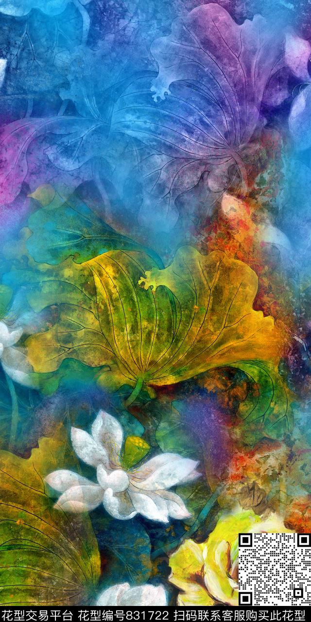 中国风荷花花卉数码印花华亿平台下载（图片编号: 831722） - 瓦栏（Walan）