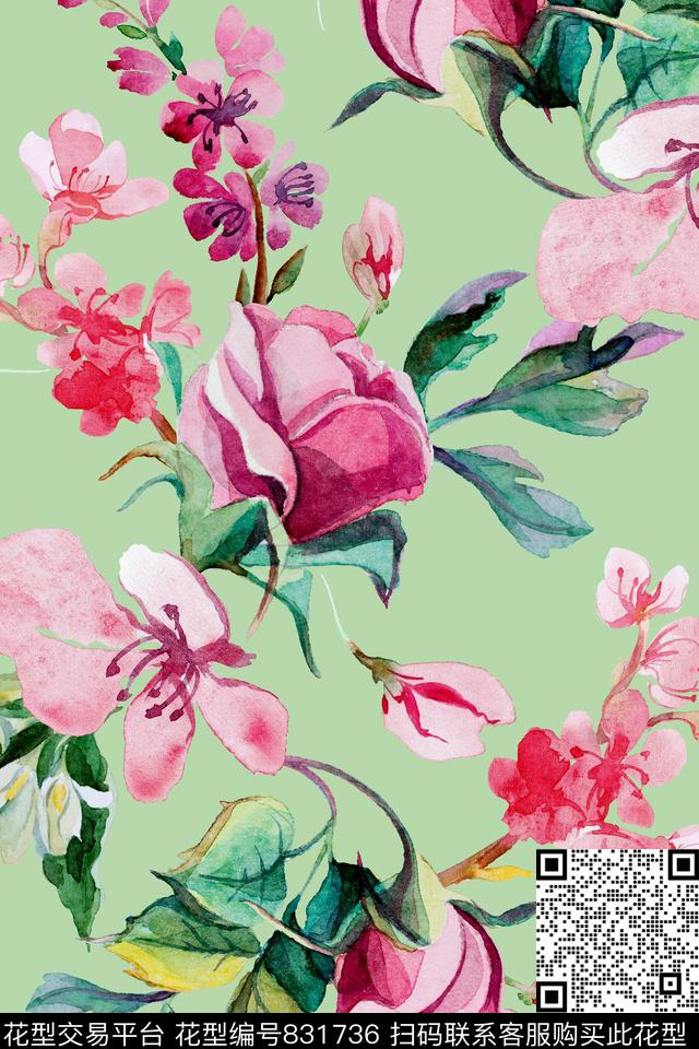 时尚手绘水彩数码印花华亿平台下载（图片编号: 831736） - 瓦栏（Walan）