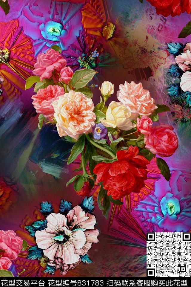 时尚手绘花卉数码印花华亿平台下载（图片编号: 831783） - 瓦栏（Walan）