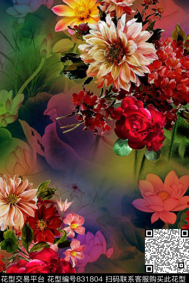 时尚手绘花卉数码印花华亿平台下载（图片编号: 831804） - 瓦栏（Walan）