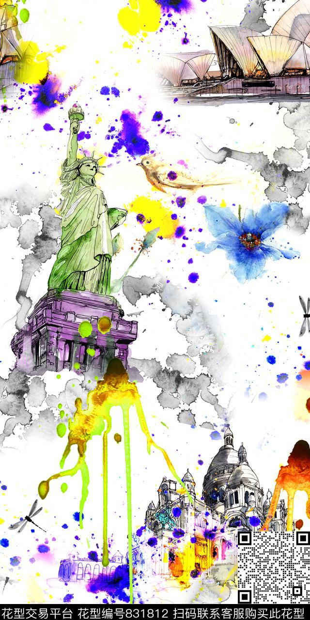 花卉泼墨建筑数码印花华亿平台下载（图片编号: 831812） - 瓦栏（Walan）