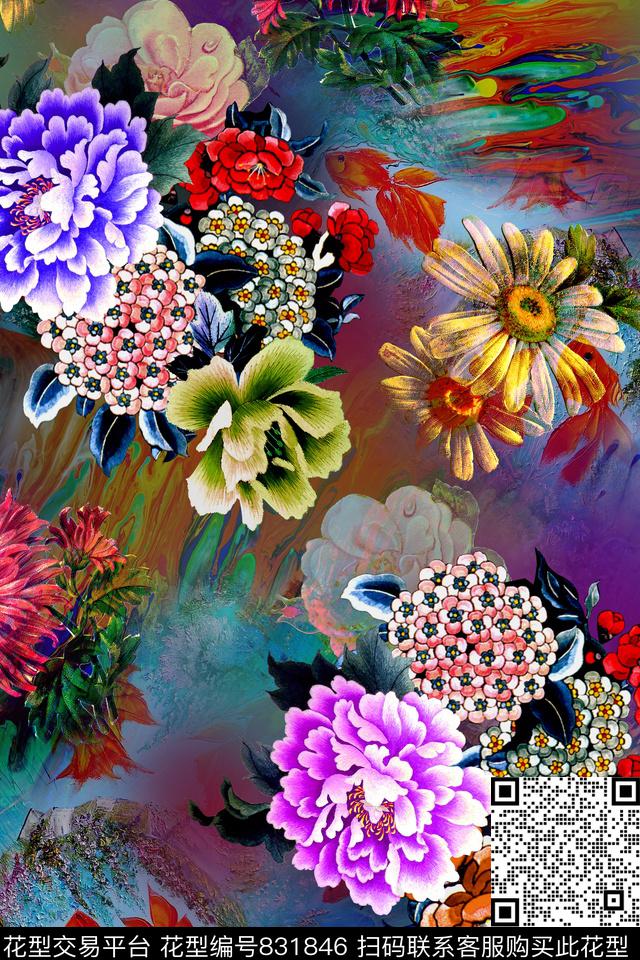 时尚手绘花卉数码印花华亿平台下载（图片编号: 831846） - 瓦栏（Walan）