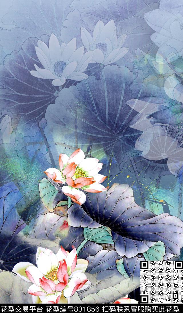 中国风荷花水墨数码印花华亿平台下载（图片编号: 831856） - 瓦栏（Walan）