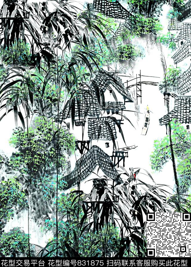 女装中国风风景数码印花华亿平台下载（图片编号: 831875） - 瓦栏（Walan）