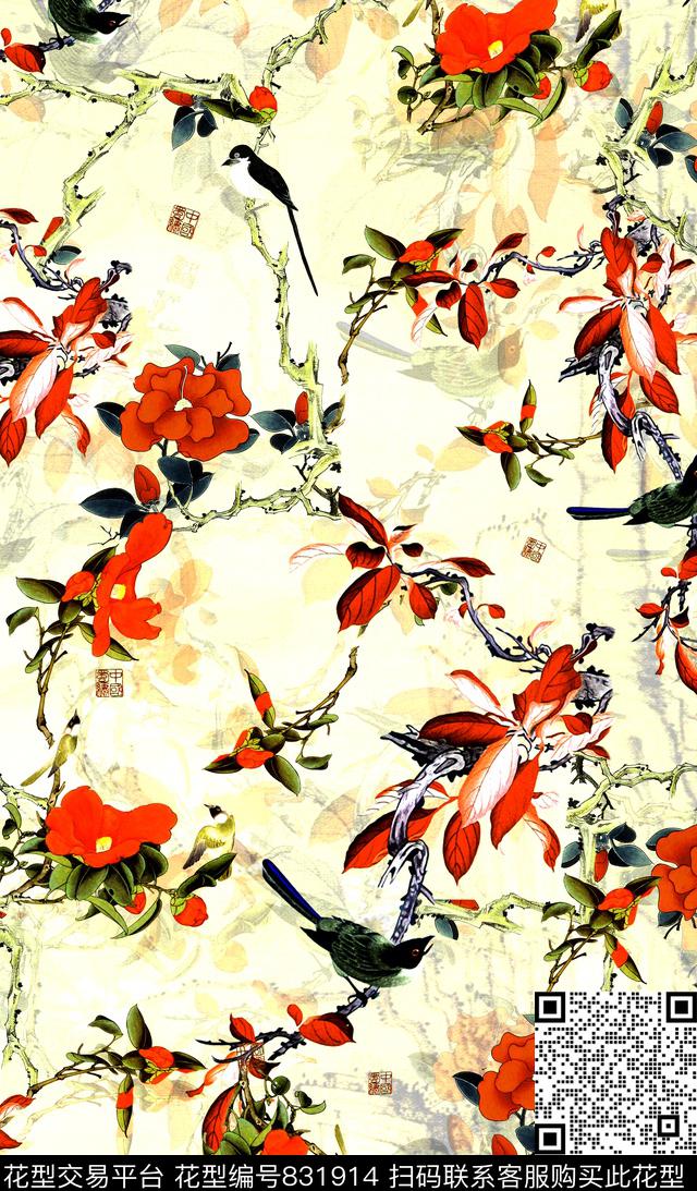 花鸟中国风数码。数码印花华亿平台下载（图片编号: 831914） - 瓦栏（Walan）