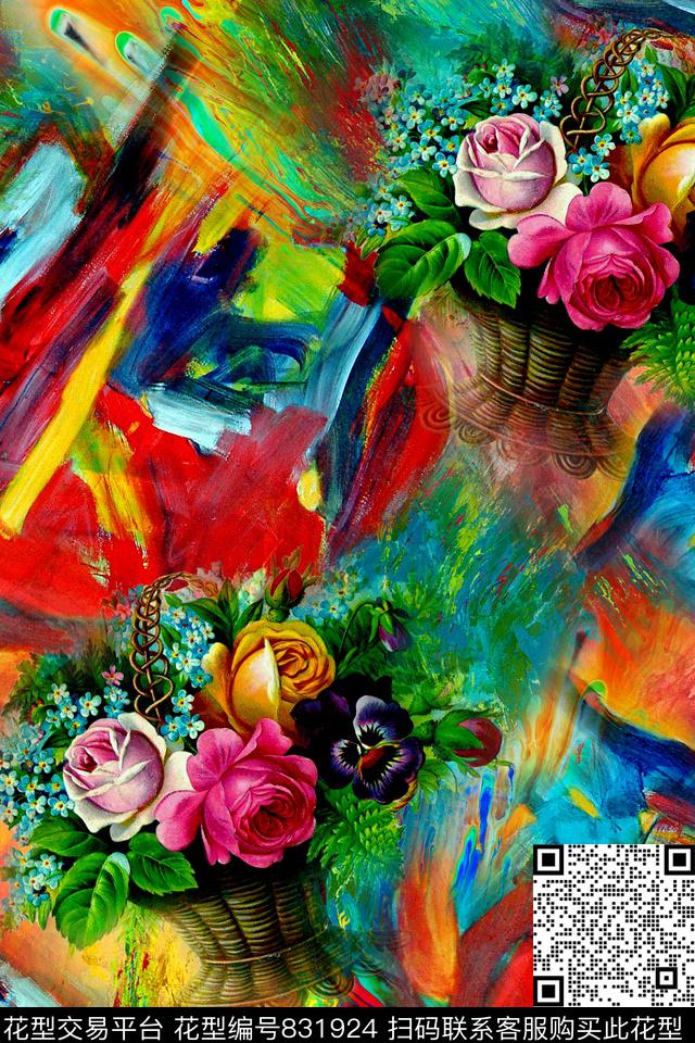 时尚手绘花卉数码印花华亿平台下载（图片编号: 831924） - 瓦栏（Walan）