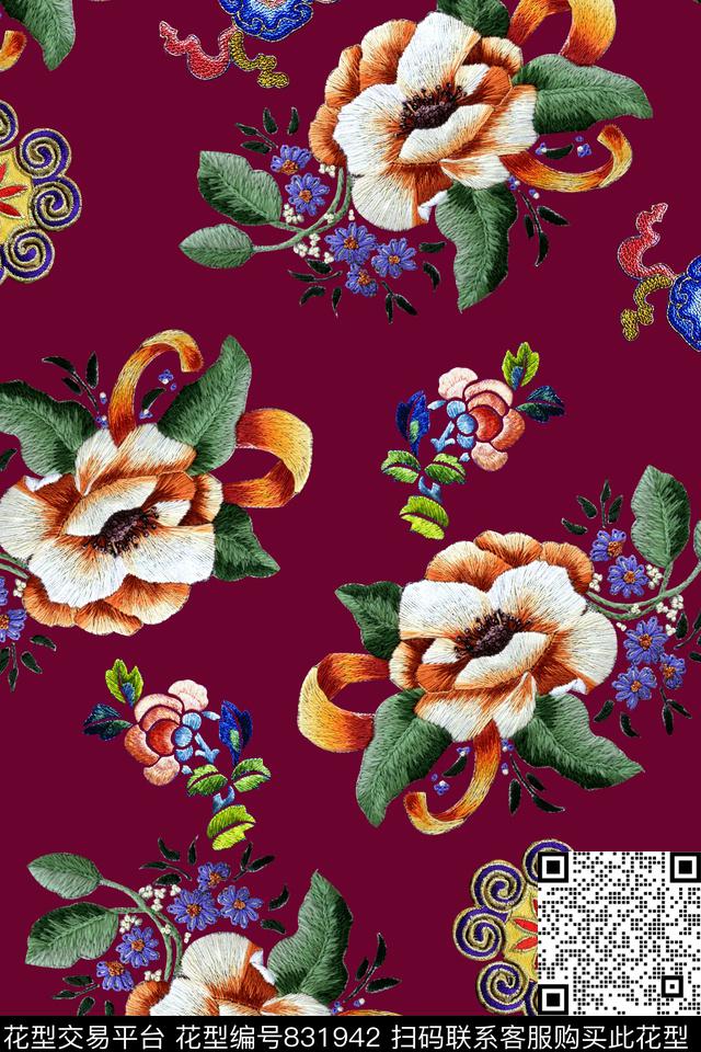 民族风花卉绣花数码印花华亿平台下载（图片编号: 831942） - 瓦栏（Walan）
