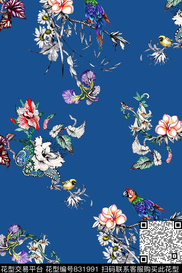 民族风格花卉小鸟数码印花华亿平台下载（图片编号: 831991） - 瓦栏（Walan）
