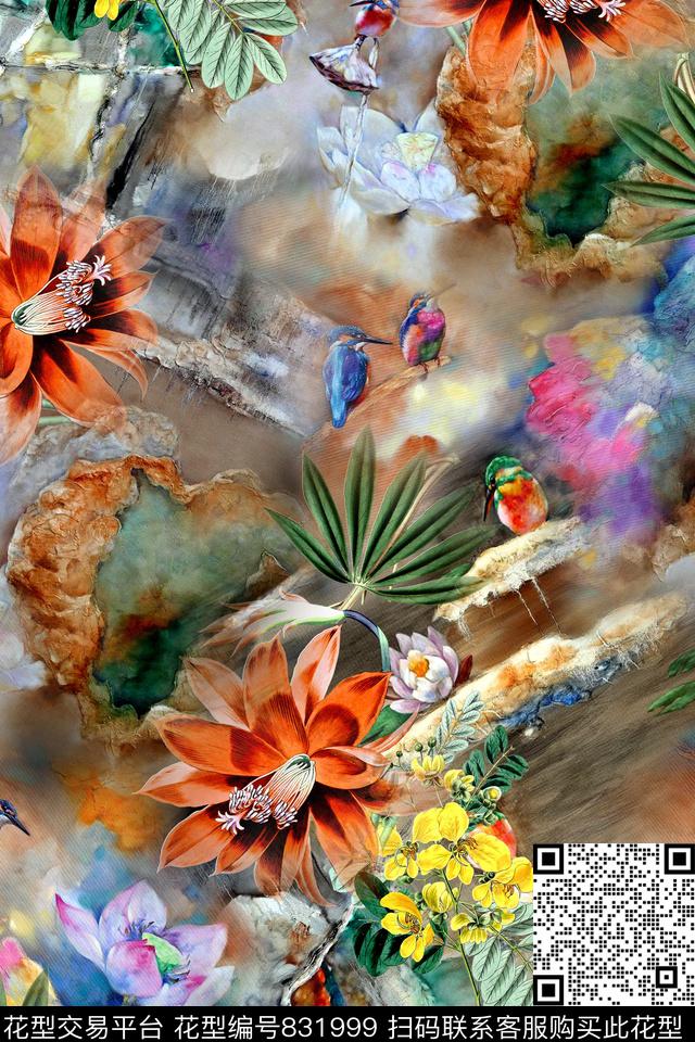 休闲花卉荷花数码印花华亿平台下载（图片编号: 831999） - 瓦栏（Walan）