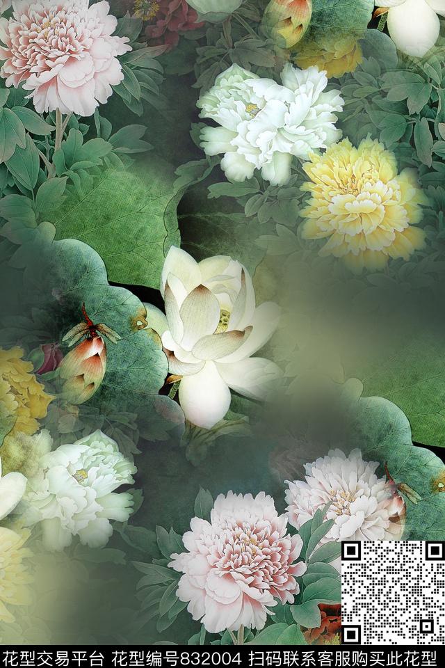中国风花卉荷花数码印花华亿平台下载（图片编号: 832004） - 瓦栏（Walan）