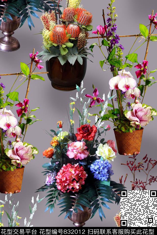 时尚花卉盆栽数码印花华亿平台下载（图片编号: 832012） - 瓦栏（Walan）