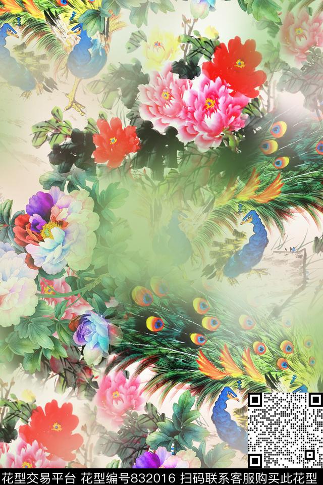 中国风花卉孔雀数码印花华亿平台下载（图片编号: 832016） - 瓦栏（Walan）
