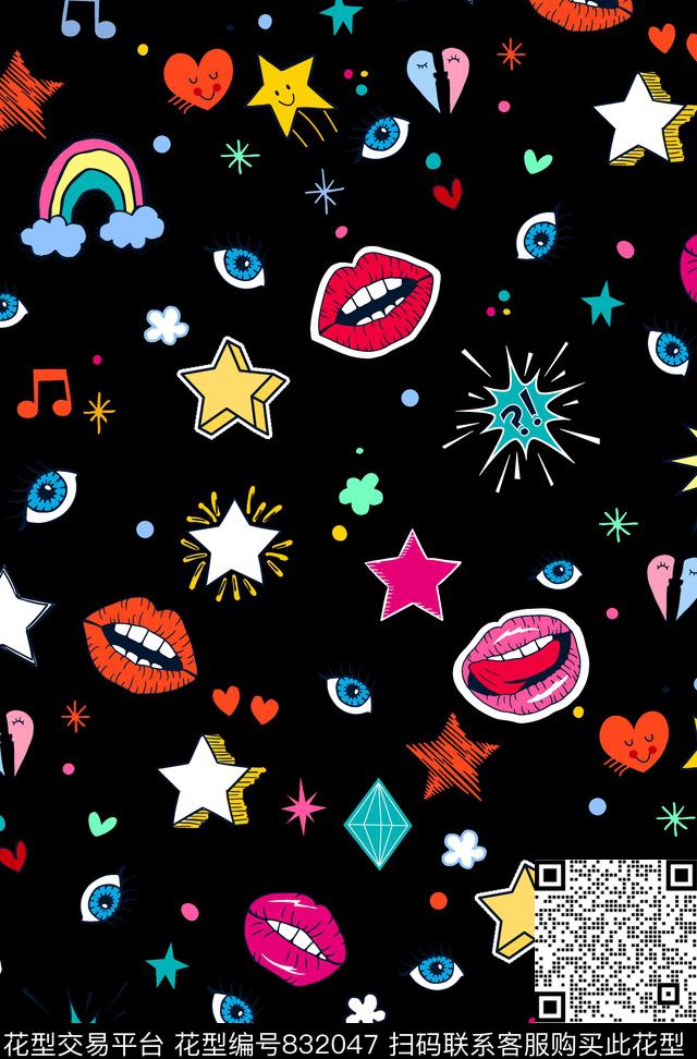 眼睛口红趣味传统印花华亿平台下载（图片编号: 832047） - 瓦栏（Walan）