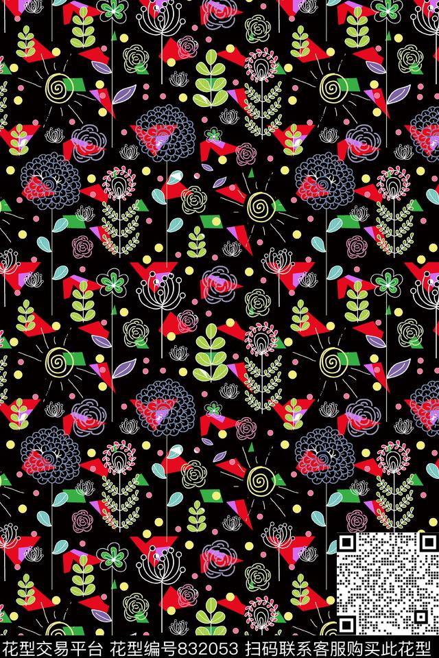 趣味几何植物传统印花华亿平台下载（图片编号: 832053） - 瓦栏（Walan）