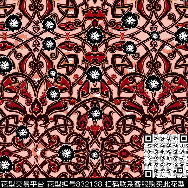 欧美纹样手绘花卉抽象图数码印花华亿平台下载（图片编号: 832138） - 瓦栏（Walan）
