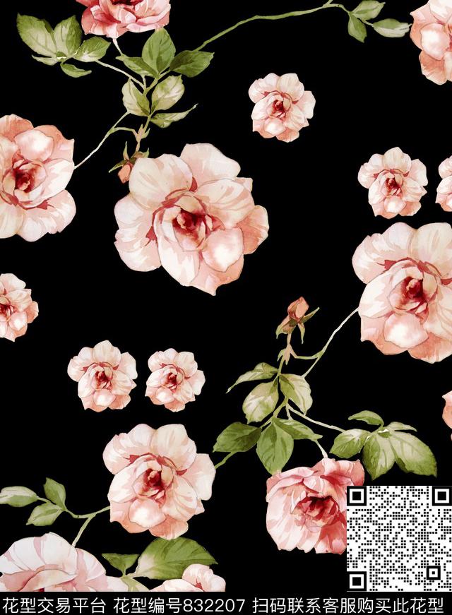 手绘藤条玫瑰数码印花华亿平台下载（图片编号: 832207） - 瓦栏（Walan）