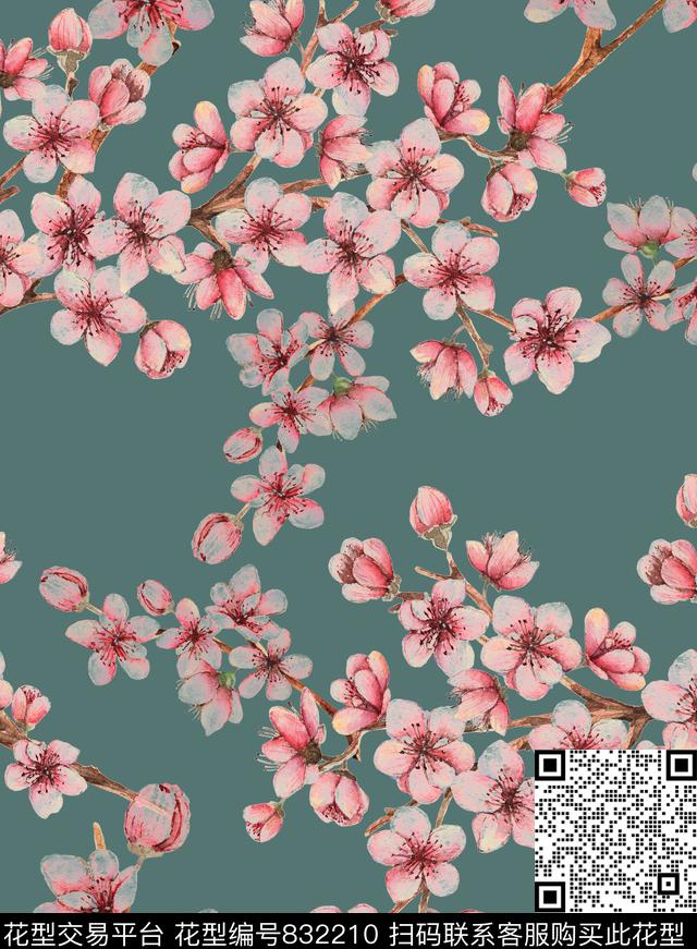 桃花花卉植物数码印花华亿平台下载（图片编号: 832210） - 瓦栏（Walan）