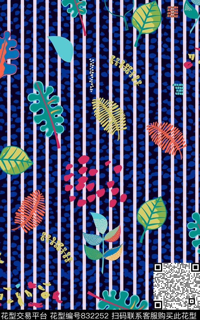 条纹植物花卉传统印花华亿平台下载（图片编号: 832252） - 瓦栏（Walan）