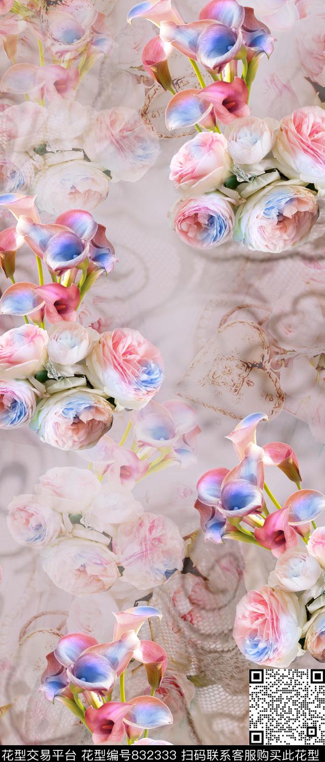 玫瑰百合花卉数码印花华亿平台下载（图片编号: 832333） - 瓦栏（Walan）