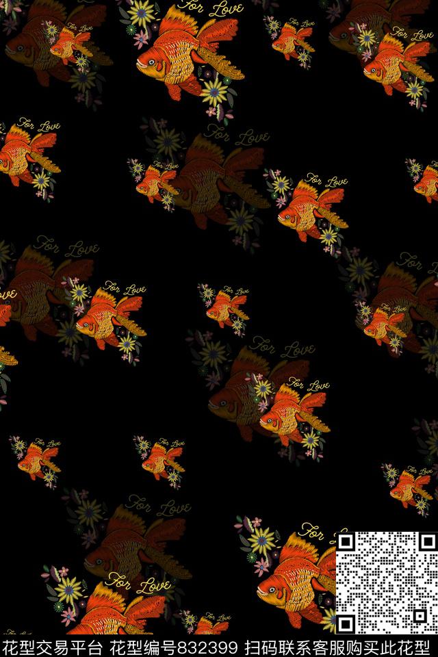 金鱼鱼花卉数码印花华亿平台下载（图片编号: 832399） - 瓦栏（Walan）