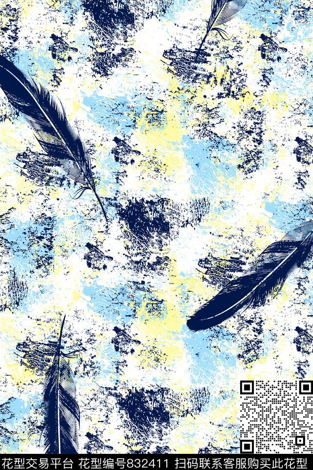 抽象纹理羽毛靓仔男装华亿平台传统印花华亿平台下载（图片编号: 832411） - 瓦栏（Walan）