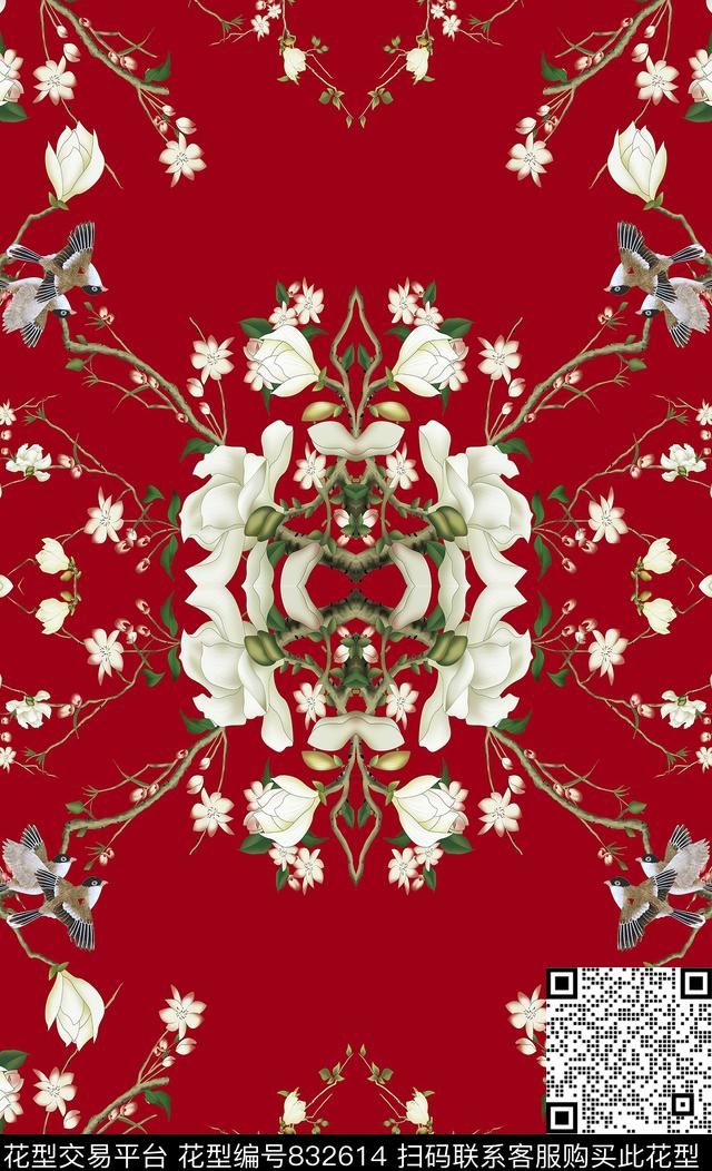 乱花大花鸟数码印花华亿平台下载（图片编号: 832614） - 瓦栏（Walan）