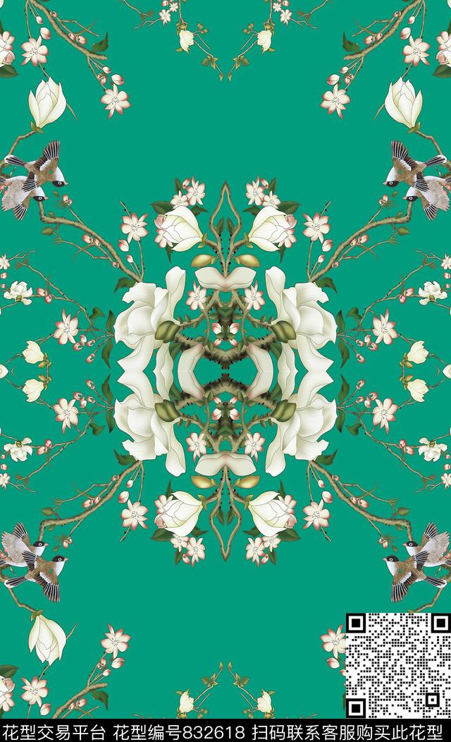 乱花大花鸟数码印花华亿平台下载（图片编号: 832618） - 瓦栏（Walan）