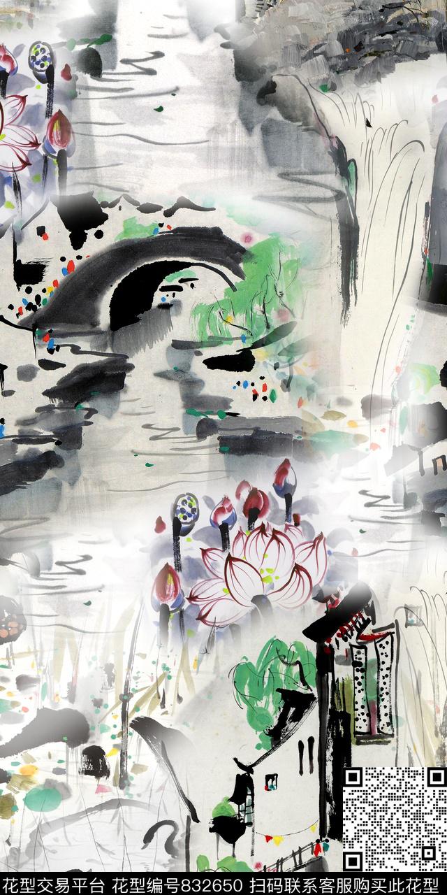 山水中国风荷花数码印花华亿平台下载（图片编号: 832650） - 瓦栏（Walan）