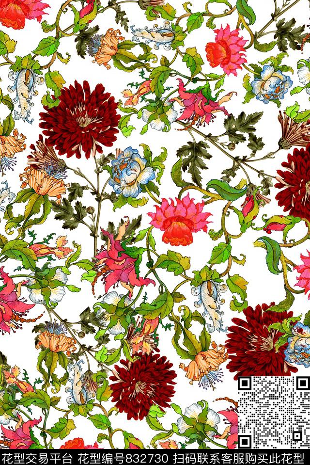 多彩有花花会卷草数码印花华亿平台下载（图片编号: 832730） - 瓦栏（Walan）