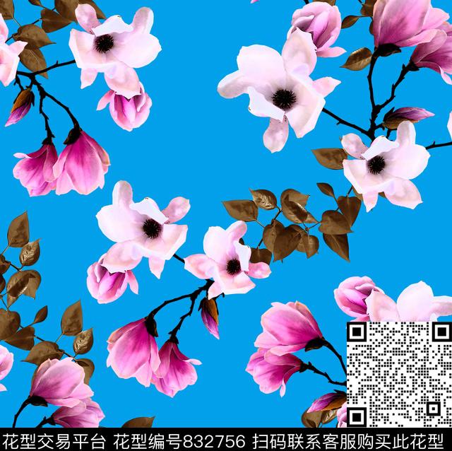 玉兰花乱花大花数码印花华亿平台下载（图片编号: 832756） - 瓦栏（Walan）