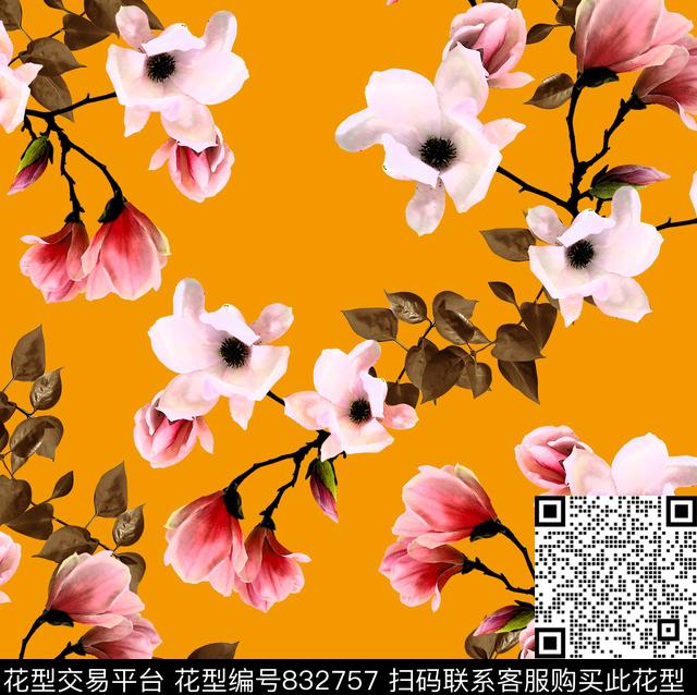 玉兰花乱花大花数码印花华亿平台下载（图片编号: 832757） - 瓦栏（Walan）