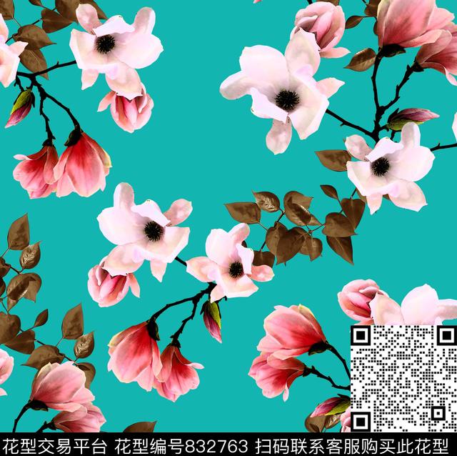 玉兰花乱花大花数码印花华亿平台下载（图片编号: 832763） - 瓦栏（Walan）