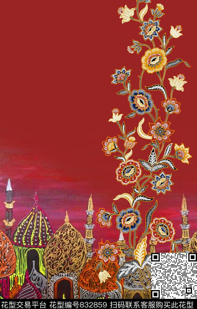 手绘房屋花纹数码印花华亿平台下载（图片编号: 832859） - 瓦栏（Walan）